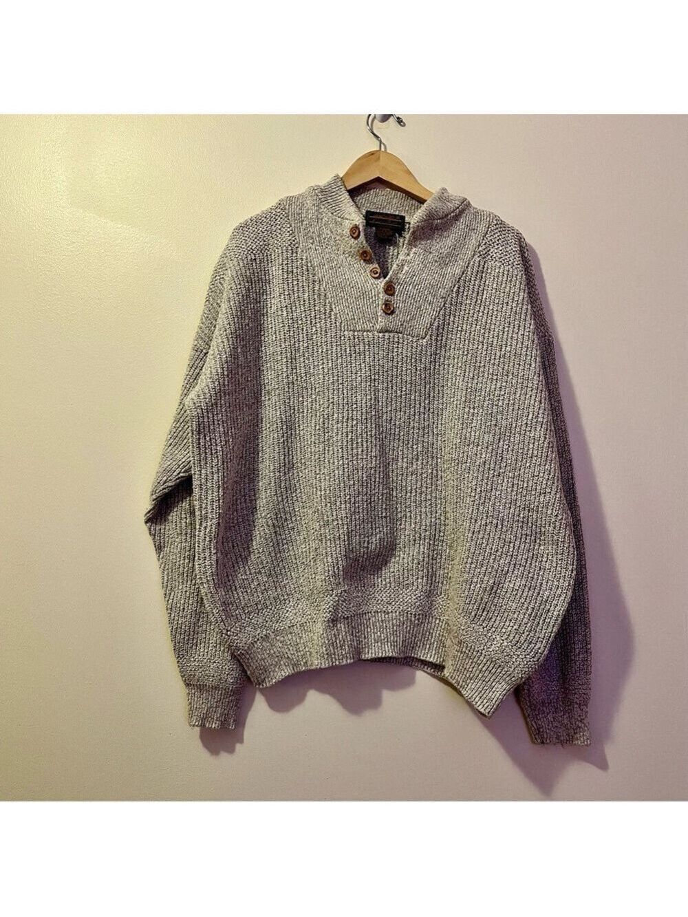 Eddie Bauer 100% Cotton Chunky Knit Sweater Oversized Tall Beige Outdoor Cozy L